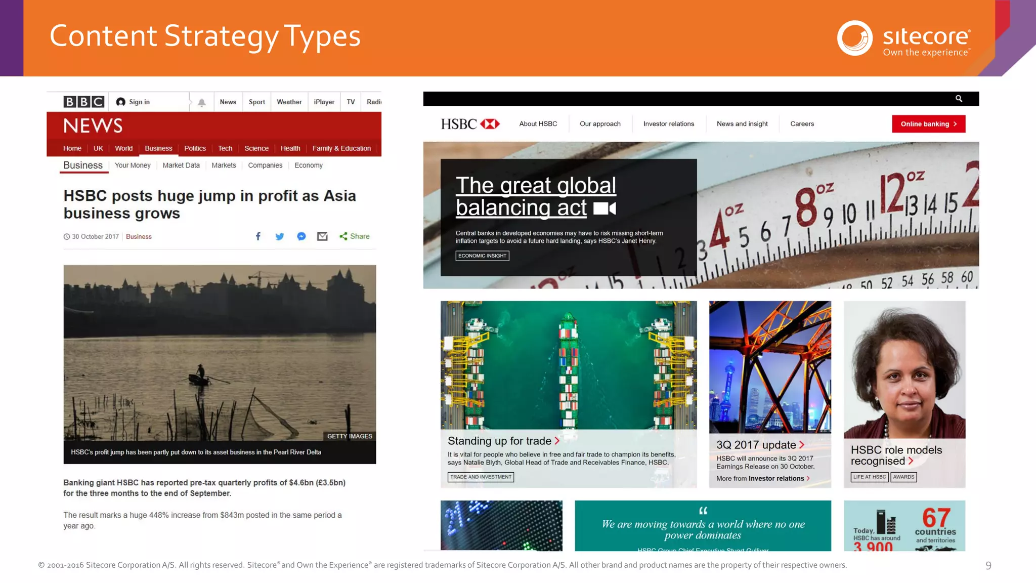 © 2001-2016 Sitecore Corporation A/S. All rights reserved. Sitecore® and Own the Experience® are registered trademarks of Sitecore Corporation A/S. All other brand and product names are the property of their respective owners. 9
Content StrategyTypes
 