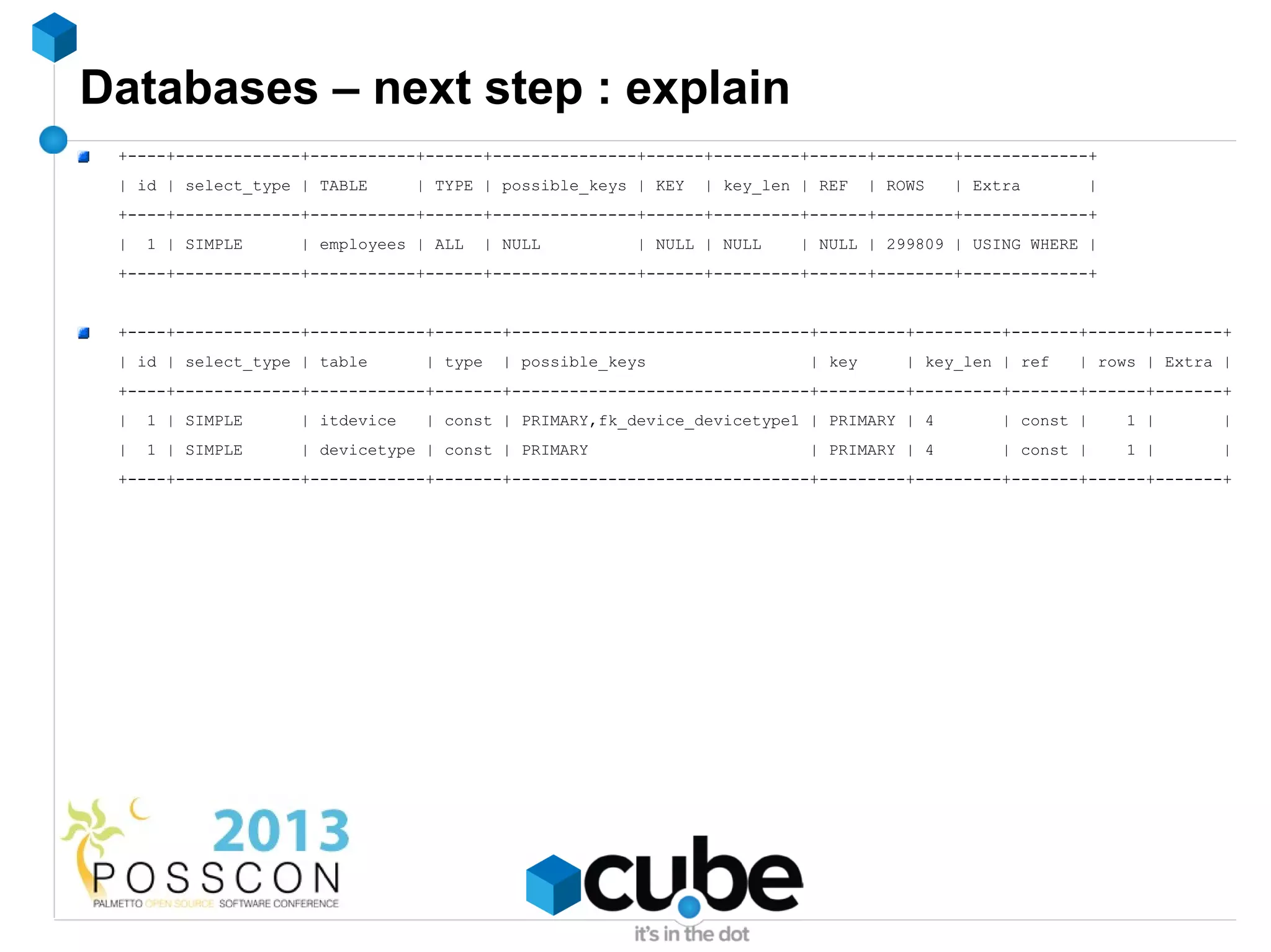 Databases – next step : explain
 +----+-------------+-----------+------+---------------+------+---------+------+--------+-------------+
 | id | select_type | TABLE     | TYPE | possible_keys | KEY   | key_len | REF   | ROWS   | Extra       |
 +----+-------------+-----------+------+---------------+------+---------+------+--------+-------------+
 |   1 | SIMPLE    | employees | ALL   | NULL           | NULL | NULL   | NULL | 299809 | USING WHERE |
 +----+-------------+-----------+------+---------------+------+---------+------+--------+-------------+


 +----+-------------+------------+-------+-------------------------------+---------+---------+-------+------+-------+
 | id | select_type | table      | type   | possible_keys                | key       | key_len | ref   | rows | Extra |
 +----+-------------+------------+-------+-------------------------------+---------+---------+-------+------+-------+
 |   1 | SIMPLE    | itdevice    | const | PRIMARY,fk_device_devicetype1 | PRIMARY | 4         | const |    1 |       |
 |   1 | SIMPLE    | devicetype | const | PRIMARY                        | PRIMARY | 4         | const |    1 |       |
 +----+-------------+------------+-------+-------------------------------+---------+---------+-------+------+-------+
 