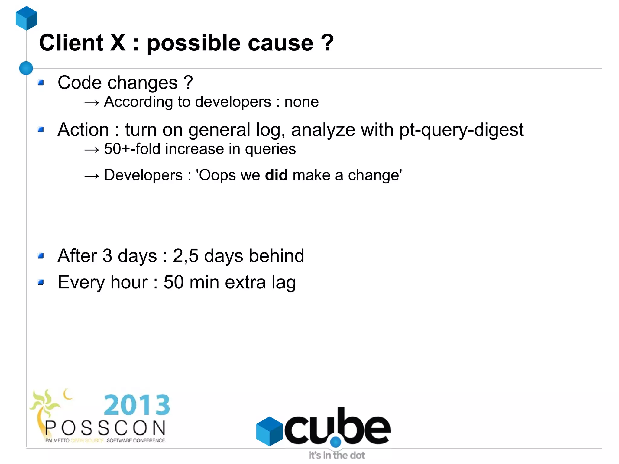 Client X : possible cause ?
 Code changes ?
    → According to developers : none
 Action : turn on general log, analyze with pt-query-digest
    → 50+-fold increase in queries
    → Developers : 'Oops we did make a change'




 After 3 days : 2,5 days behind
 Every hour : 50 min extra lag
 