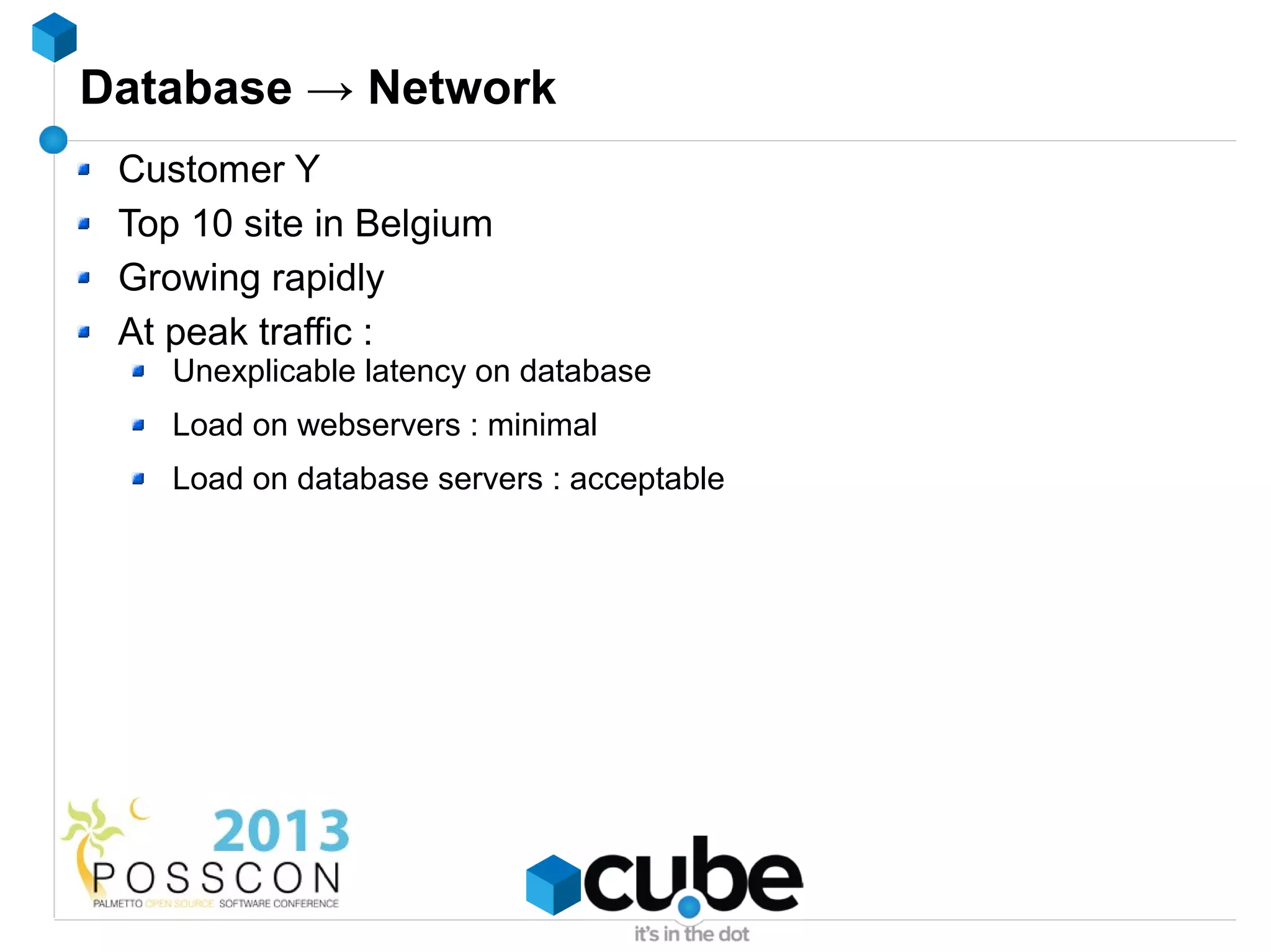 Database → Network
 Customer Y
 Top 10 site in Belgium
 Growing rapidly
 At peak traffic :
    Unexplicable latency on database
    Load on webservers : minimal
    Load on database servers : acceptable
 