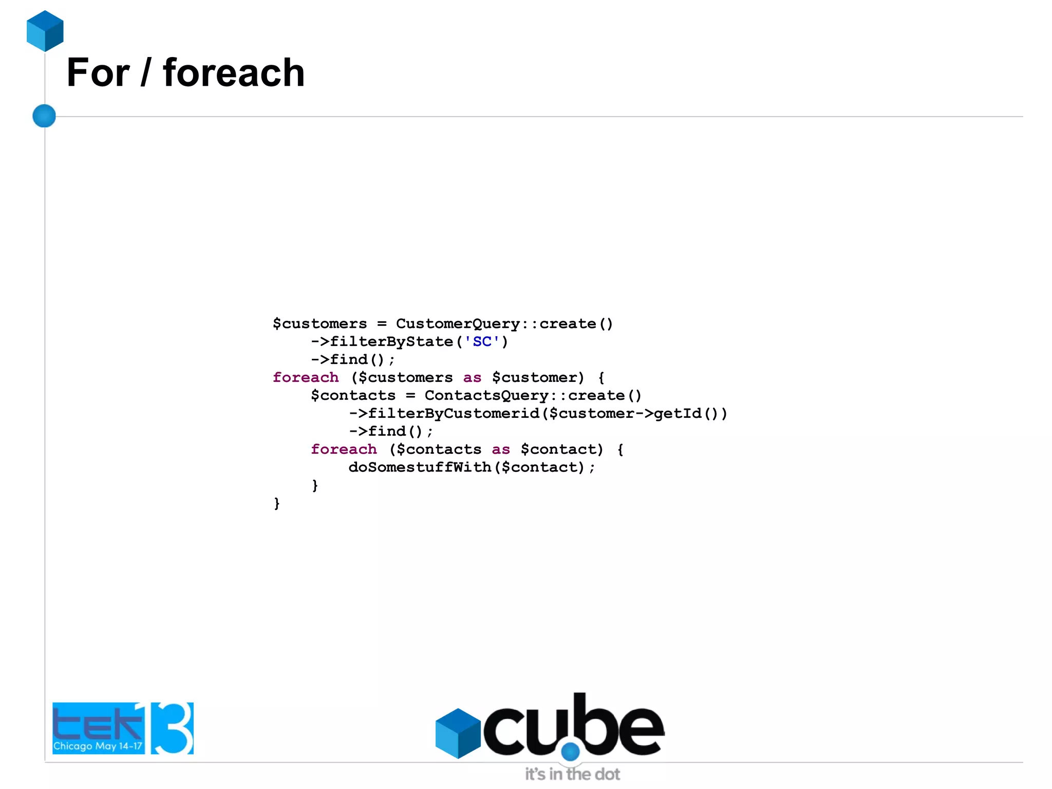 For / foreach
$customers = CustomerQuery::create()
->filterByState('SC')
->find();
foreach ($customers as $customer) {
$contacts = ContactsQuery::create()
->filterByCustomerid($customer->getId())
->find();
foreach ($contacts as $contact) {
doSomestuffWith($contact);
}
}
 