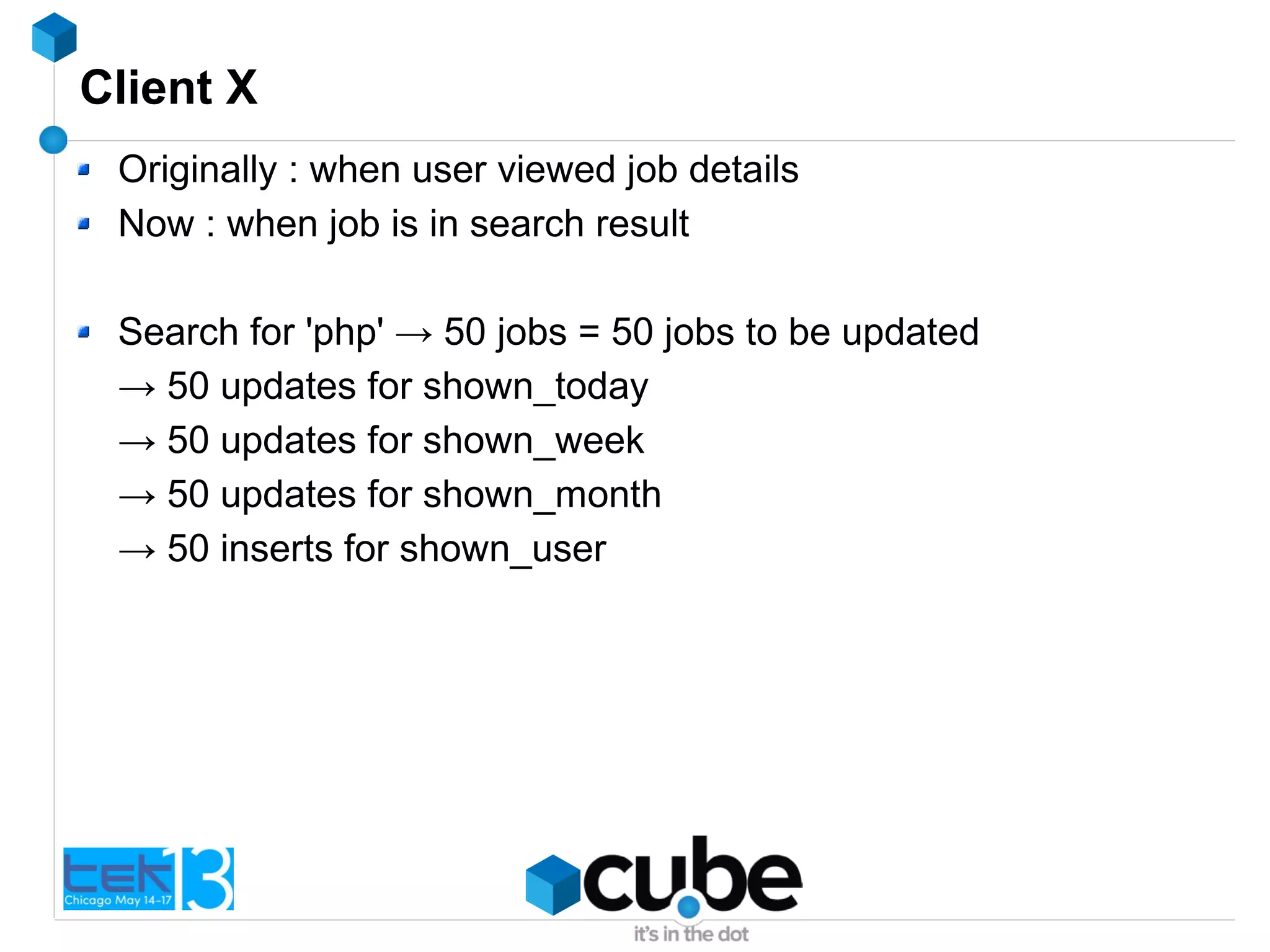 Client X
Originally : when user viewed job details
Now : when job is in search result
Search for 'php' → 50 jobs = 50 jobs to be updated
→ 50 updates for shown_today
→ 50 updates for shown_week
→ 50 updates for shown_month
→ 50 inserts for shown_user
 