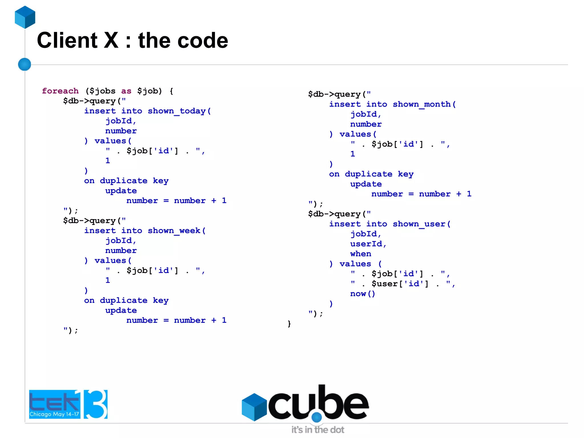 Client X : the code
foreach ($jobs as $job) {
$db->query("
insert into shown_today(
jobId,
number
) values(
" . $job['id'] . ",
1
)
on duplicate key
update
number = number + 1
");
$db->query("
insert into shown_week(
jobId,
number
) values(
" . $job['id'] . ",
1
)
on duplicate key
update
number = number + 1
");
$db->query("
insert into shown_month(
jobId,
number
) values(
" . $job['id'] . ",
1
)
on duplicate key
update
number = number + 1
");
$db->query("
insert into shown_user(
jobId,
userId,
when
) values (
" . $job['id'] . ",
" . $user['id'] . ",
now()
)
");
}
 