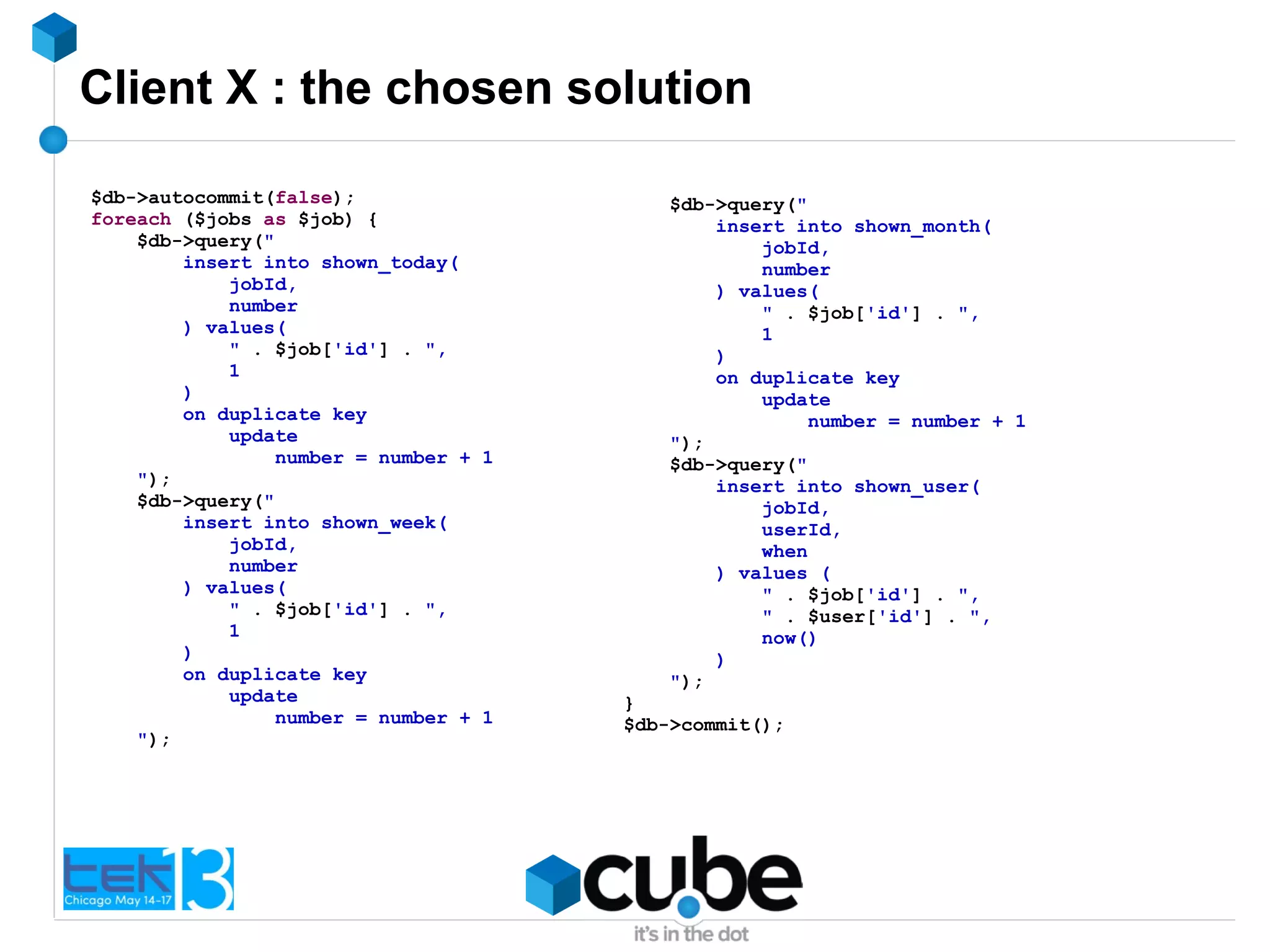 Client X : the chosen solution
$db->autocommit(false);
foreach ($jobs as $job) {
$db->query("
insert into shown_today(
jobId,
number
) values(
" . $job['id'] . ",
1
)
on duplicate key
update
number = number + 1
");
$db->query("
insert into shown_week(
jobId,
number
) values(
" . $job['id'] . ",
1
)
on duplicate key
update
number = number + 1
");
$db->query("
insert into shown_month(
jobId,
number
) values(
" . $job['id'] . ",
1
)
on duplicate key
update
number = number + 1
");
$db->query("
insert into shown_user(
jobId,
userId,
when
) values (
" . $job['id'] . ",
" . $user['id'] . ",
now()
)
");
}
$db->commit();
 