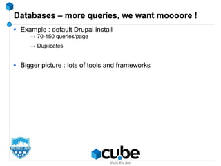 Databases – more queries, we want moooore !
Example : default Drupal install
→ 70-150 queries/page
→ Duplicates
Bigger picture : lots of tools and frameworks
 