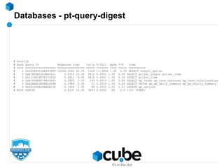 Databases - pt-query-digest
# Profile
# Rank Query ID Response time Calls R/Call Apdx V/M Item
# ==== ================== ================ ===== ======= ==== ===== ==========
# 1 0x543FB322AE4330FF 16526.2542 62.0% 1208 13.6806 1.00 0.00 SELECT output_option
# 2 0xE78FEA32E3AA3221 0.8312 10.3% 6412 0.0001 1.00 0.00 SELECT poller_output poller_item
# 3 0x211901BF2E1C351E 0.6811 8.4% 6416 0.0001 1.00 0.00 SELECT poller_time
# 4 0xA766EE8F7AB39063 0.2805 3.5% 149 0.0019 1.00 0.00 SELECT wp_terms wp_term_taxonomy wp_term_relationships
# 5 0xA3EEB63EFBA42E9B 0.1999 2.5% 51 0.0039 1.00 0.00 SELECT UNION wp_pp_daily_summary wp_pp_hourly_summary
# 6 0x94350EA2AB8AAC34 0.1956 2.4% 89 0.0022 1.00 0.01 UPDATE wp_options
# MISC 0xMISC 0.8137 10.0% 3853 0.0002 NS 0.0 <147 ITEMS>
 
