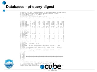 Databases - pt-query-digest
# Query 2: 0.26 QPS, 0.00x concurrency, ID 0x92F3B1B361FB0E5B at byte 14081299
# This item is included in the report because it matches --limit.
# Scores: Apdex = 1.00 [1.0], V/M = 0.00
# Query_time sparkline: | _^ |
# Time range: 2011-12-28 18:42:47 to 19:03:10
# Attribute pct total min max avg 95% stddev median
# ============ === ======= ======= ======= ======= ======= ======= =======
# Count 1 312
# Exec time 50 4s 5ms 25ms 13ms 20ms 4ms 12ms
# Lock time 3 32ms 43us 163us 103us 131us 19us 98us
# Rows sent 59 62.41k 203 231 204.82 202.40 3.99 202.40
# Rows examine 13 73.63k 238 296 241.67 246.02 10.15 234.30
# Rows affecte 0 0 0 0 0 0 0 0
# Rows read 59 62.41k 203 231 204.82 202.40 3.99 202.40
# Bytes sent 53 24.85M 46.52k 84.36k 81.56k 83.83k 7.31k 79.83k
# Merge passes 0 0 0 0 0 0 0 0
# Tmp tables 0 0 0 0 0 0 0 0
# Tmp disk tbl 0 0 0 0 0 0 0 0
# Tmp tbl size 0 0 0 0 0 0 0 0
# Query size 0 21.63k 71 71 71 71 0 71
# InnoDB:
# IO r bytes 0 0 0 0 0 0 0 0
# IO r ops 0 0 0 0 0 0 0 0
# IO r wait 0 0 0 0 0 0 0 0
# pages distin 40 11.77k 34 44 38.62 38.53 1.87 38.53
# queue wait 0 0 0 0 0 0 0 0
# rec lock wai 0 0 0 0 0 0 0 0
# Boolean:
# Full scan 100% yes, 0% no
# String:
# Databases wp_blog_one (264/84%), wp_blog_tw… (36/11%)... 1 more
# Hosts
# InnoDB trxID 86B40B (1/0%), 86B430 (1/0%), 86B44A (1/0%)... 309 more
# Last errno 0
# Users wp_blog_one (264/84%), wp_blog_two (36/11%)... 1 more
# Query_time distribution
# 1us
# 10us
# 100us
# 1ms
# 10ms ################################################################
# 100ms
# 1s
# 10s+
# Tables
# SHOW TABLE STATUS FROM `wp_blog_one ` LIKE 'wp_options'G
# SHOW CREATE TABLE `wp_blog_one `.`wp_options`G
# EXPLAIN /*!50100 PARTITIONS*/
SELECT option_name, option_value FROM wp_options WHERE autoload = 'yes'G
 
