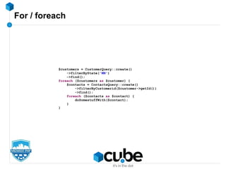 For / foreach
$customers = CustomerQuery::create()
->filterByState('MN')
->find();
foreach ($customers as $customer) {
$contacts = ContactsQuery::create()
->filterByCustomerid($customer->getId())
->find();
foreach ($contacts as $contact) {
doSomestuffWith($contact);
}
}
 
