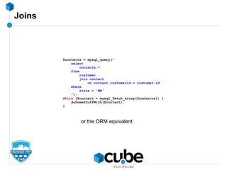 Joins
$contacts = mysql_query("
select
contacts.*
from
customer
join contact
on contact.customerid = customer.id
where
state = 'MN'
");
while ($contact = mysql_fetch_array($contacts)) {
doSomeStuffWith($contact);
}
or the ORM equivalent
 