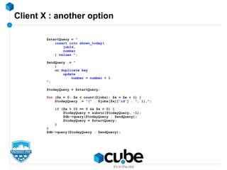 Client X : another option
$startQuery = "
insert into shown_today(
jobId,
number
) values ";
$endQuery .= "
)
on duplicate key
update
number = number + 1
";
$todayQuery = $startQuery;
for ($x = 0; $x < count($jobs); $x = $x + 1) {
$todayQuery .= "(" . $jobs[$x]['id'] . ", 1),";
if ($x % 10 == 0 && $x > 0) {
$todayQuery = substr($todayQuery, -1);
$db->query($todayQuery . $endQuery);
$todayQuery = $startQuery;
}
}
$db->query($todayQuery . $endQuery);
 