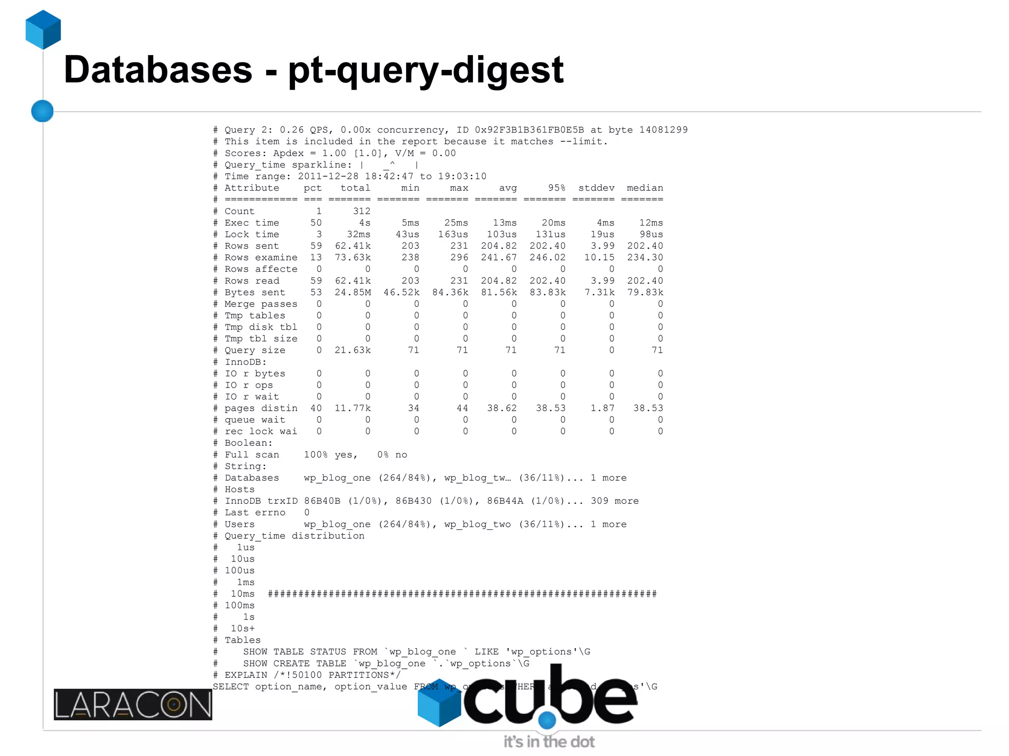 Databases - pt-query-digest
# Query 2: 0.26 QPS, 0.00x concurrency, ID 0x92F3B1B361FB0E5B at byte 14081299
# This item is included in the report because it matches --limit.
# Scores: Apdex = 1.00 [1.0], V/M = 0.00
# Query_time sparkline: | _^ |
# Time range: 2011-12-28 18:42:47 to 19:03:10
# Attribute pct total min max avg 95% stddev median
# ============ === ======= ======= ======= ======= ======= ======= =======
# Count 1 312
# Exec time 50 4s 5ms 25ms 13ms 20ms 4ms 12ms
# Lock time 3 32ms 43us 163us 103us 131us 19us 98us
# Rows sent 59 62.41k 203 231 204.82 202.40 3.99 202.40
# Rows examine 13 73.63k 238 296 241.67 246.02 10.15 234.30
# Rows affecte 0 0 0 0 0 0 0 0
# Rows read 59 62.41k 203 231 204.82 202.40 3.99 202.40
# Bytes sent 53 24.85M 46.52k 84.36k 81.56k 83.83k 7.31k 79.83k
# Merge passes 0 0 0 0 0 0 0 0
# Tmp tables 0 0 0 0 0 0 0 0
# Tmp disk tbl 0 0 0 0 0 0 0 0
# Tmp tbl size 0 0 0 0 0 0 0 0
# Query size 0 21.63k 71 71 71 71 0 71
# InnoDB:
# IO r bytes 0 0 0 0 0 0 0 0
# IO r ops 0 0 0 0 0 0 0 0
# IO r wait 0 0 0 0 0 0 0 0
# pages distin 40 11.77k 34 44 38.62 38.53 1.87 38.53
# queue wait 0 0 0 0 0 0 0 0
# rec lock wai 0 0 0 0 0 0 0 0
# Boolean:
# Full scan 100% yes, 0% no
# String:
# Databases wp_blog_one (264/84%), wp_blog_tw… (36/11%)... 1 more
# Hosts
# InnoDB trxID 86B40B (1/0%), 86B430 (1/0%), 86B44A (1/0%)... 309 more
# Last errno 0
# Users wp_blog_one (264/84%), wp_blog_two (36/11%)... 1 more
# Query_time distribution
# 1us
# 10us
# 100us
# 1ms
# 10ms ################################################################
# 100ms
# 1s
# 10s+
# Tables
# SHOW TABLE STATUS FROM `wp_blog_one ` LIKE 'wp_options'G
# SHOW CREATE TABLE `wp_blog_one `.`wp_options`G
# EXPLAIN /*!50100 PARTITIONS*/
SELECT option_name, option_value FROM wp_options WHERE autoload = 'yes'G
 