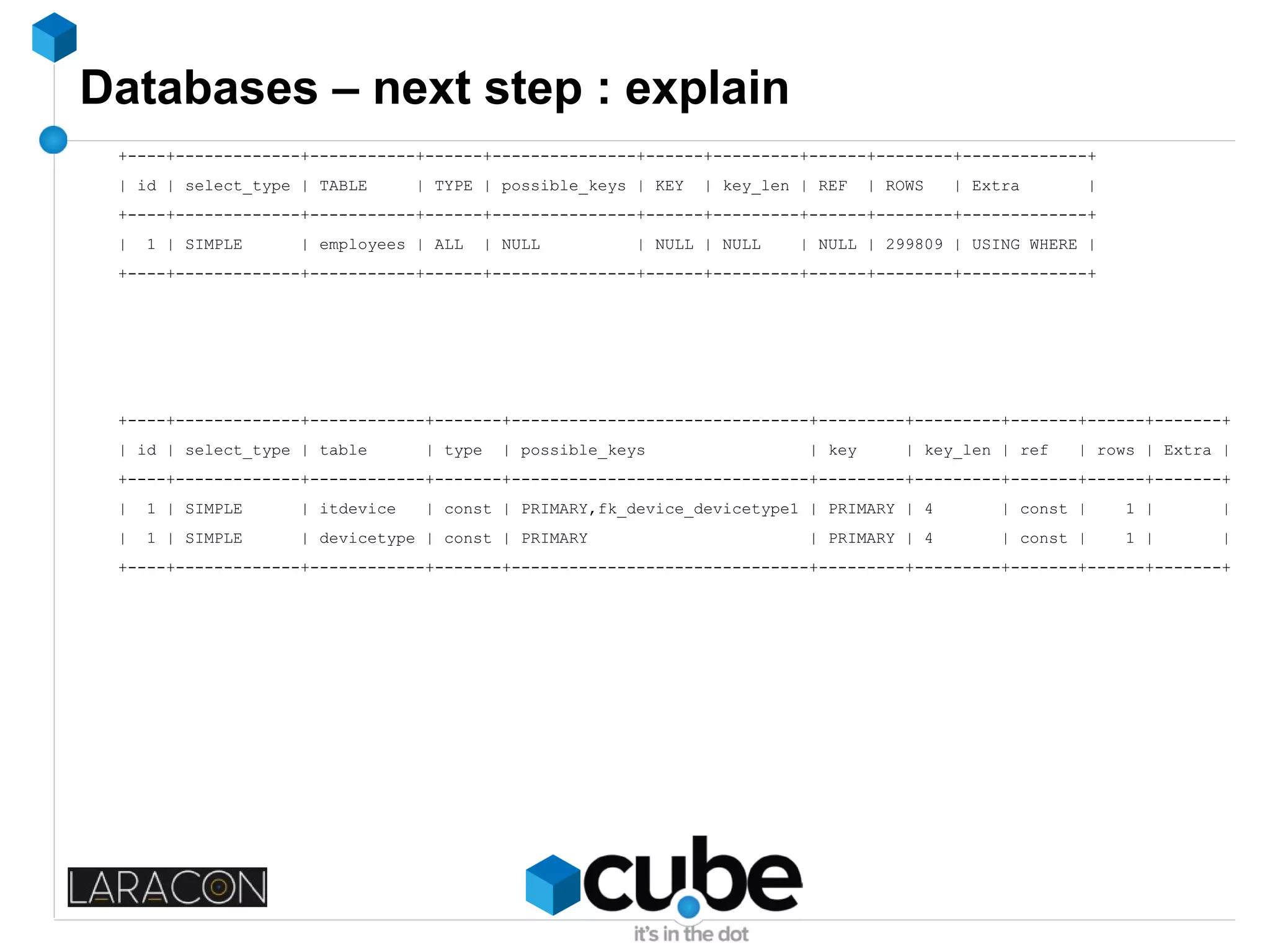 Databases – next step : explain
+----+-------------+-----------+------+---------------+------+---------+------+--------+-------------+
| id | select_type | TABLE | TYPE | possible_keys | KEY | key_len | REF | ROWS | Extra |
+----+-------------+-----------+------+---------------+------+---------+------+--------+-------------+
| 1 | SIMPLE | employees | ALL | NULL | NULL | NULL | NULL | 299809 | USING WHERE |
+----+-------------+-----------+------+---------------+------+---------+------+--------+-------------+
+----+-------------+------------+-------+-------------------------------+---------+---------+-------+------+-------+
| id | select_type | table | type | possible_keys | key | key_len | ref | rows | Extra |
+----+-------------+------------+-------+-------------------------------+---------+---------+-------+------+-------+
| 1 | SIMPLE | itdevice | const | PRIMARY,fk_device_devicetype1 | PRIMARY | 4 | const | 1 | |
| 1 | SIMPLE | devicetype | const | PRIMARY | PRIMARY | 4 | const | 1 | |
+----+-------------+------------+-------+-------------------------------+---------+---------+-------+------+-------+
 