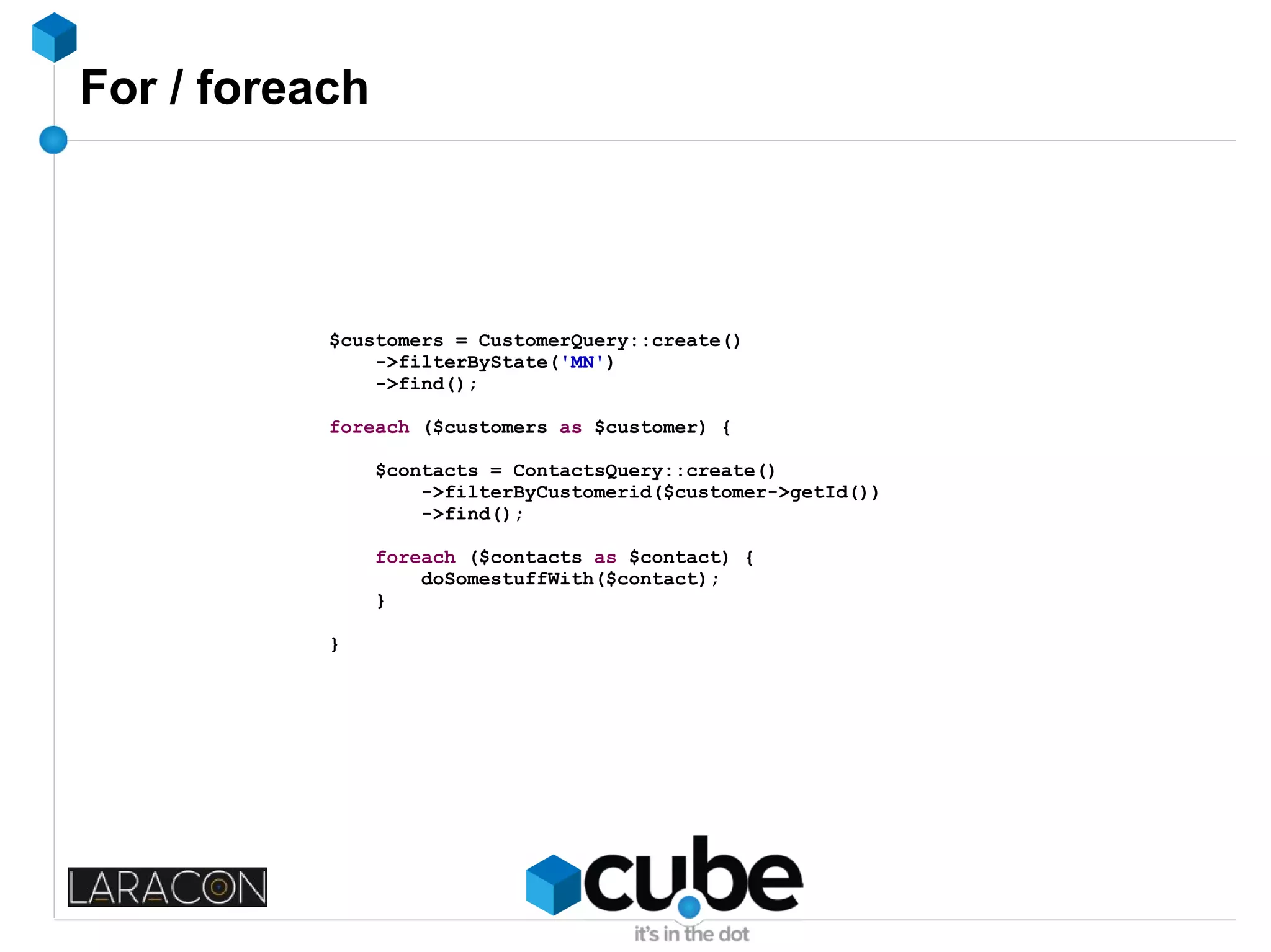 For / foreach
$customers = CustomerQuery::create()
->filterByState('MN')
->find();
foreach ($customers as $customer) {
$contacts = ContactsQuery::create()
->filterByCustomerid($customer->getId())
->find();
foreach ($contacts as $contact) {
doSomestuffWith($contact);
}
}
 