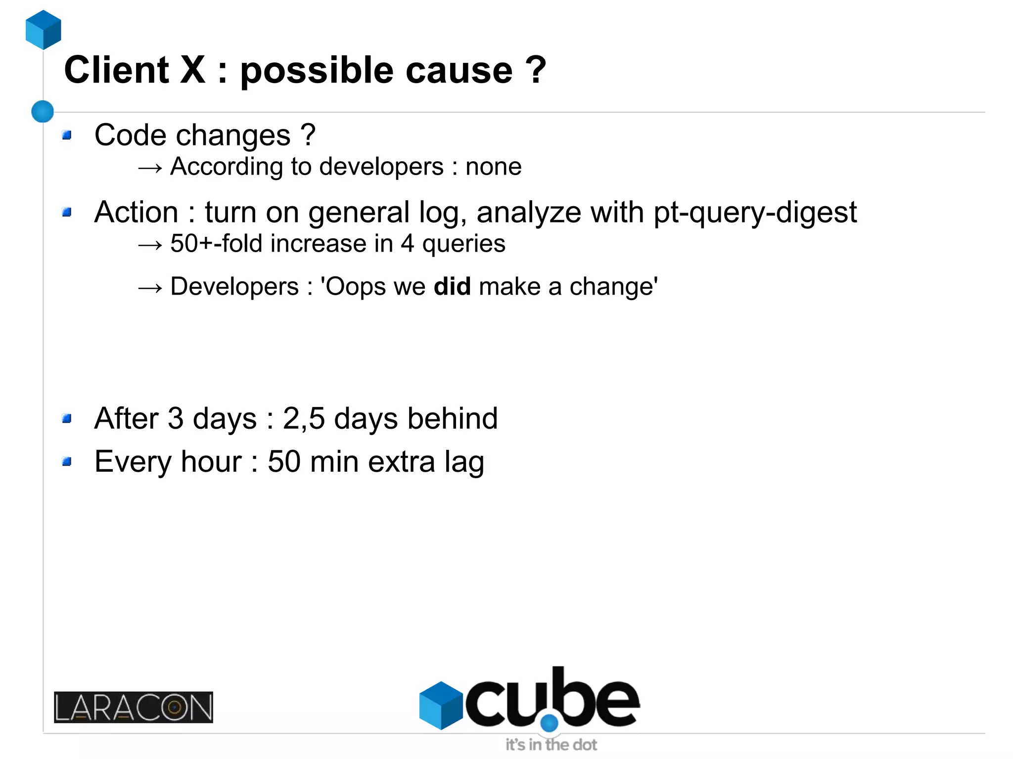 Client X : possible cause ?
Code changes ?
→ According to developers : none
Action : turn on general log, analyze with pt-query-digest
→ 50+-fold increase in 4 queries
→ Developers : 'Oops we did make a change'
After 3 days : 2,5 days behind
Every hour : 50 min extra lag
 