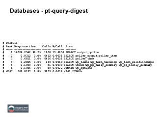 Databases - pt-query-digest
# Profile
# Rank Response time Calls R/Call Item
# ==== ================ ===== ======= ======
# 1 16526.2542 98.2% 1208 13.6806 SELECT output_option
# 2 0.8312 0.0% 6412 0.0001 SELECT poller_output poller_item
# 3 0.6811 0.0% 6416 0.0001 SELECT poller_time
# 4 0.2805 0.0% 149 0.0019 SELECT wp_terms wp_term_taxonomy wp_term_relationships
# 5 0.1999 0.0% 51 0.0039 SELECT UNION wp_pp_daily_summary wp_pp_hourly_summary
# 6 0.1956 0.0% 89 0.0022 UPDATE wp_options
# MISC 302.8137 1.8% 3853 0.0002 <147 ITEMS>
 