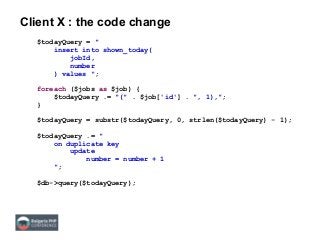 Client X : the code change
$todayQuery = "
insert into shown_today(
jobId,
number
) values ";
foreach ($jobs as $job) {
$todayQuery .= "(" . $job['id'] . ", 1),";
}
$todayQuery = substr($todayQuery, 0, strlen($todayQuery) - 1);
$todayQuery .= "
on duplicate key
update
number = number + 1
";
$db->query($todayQuery);
 