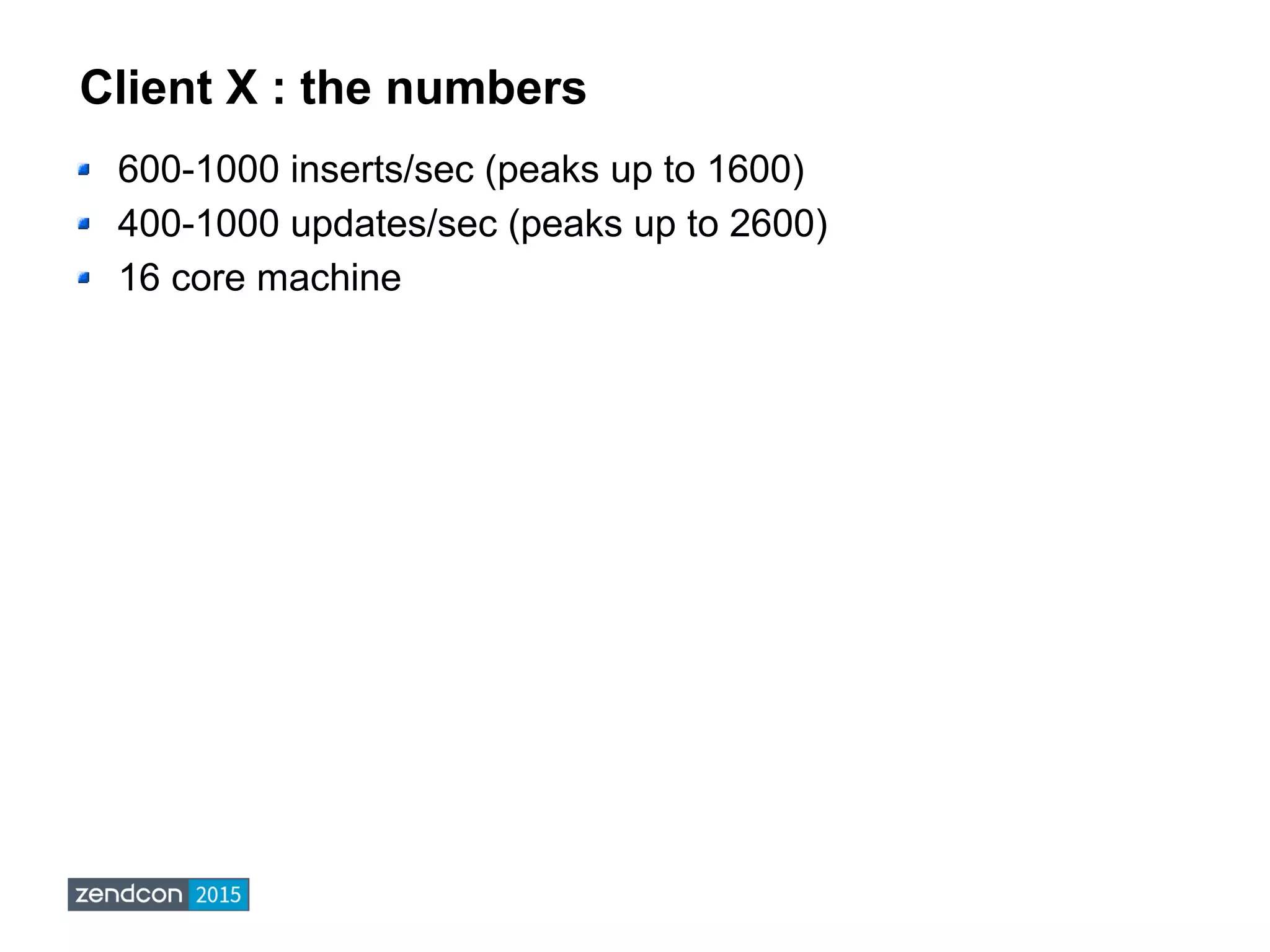 Client X : the numbers
600-1000 inserts/sec (peaks up to 1600)
400-1000 updates/sec (peaks up to 2600)
16 core machine
 