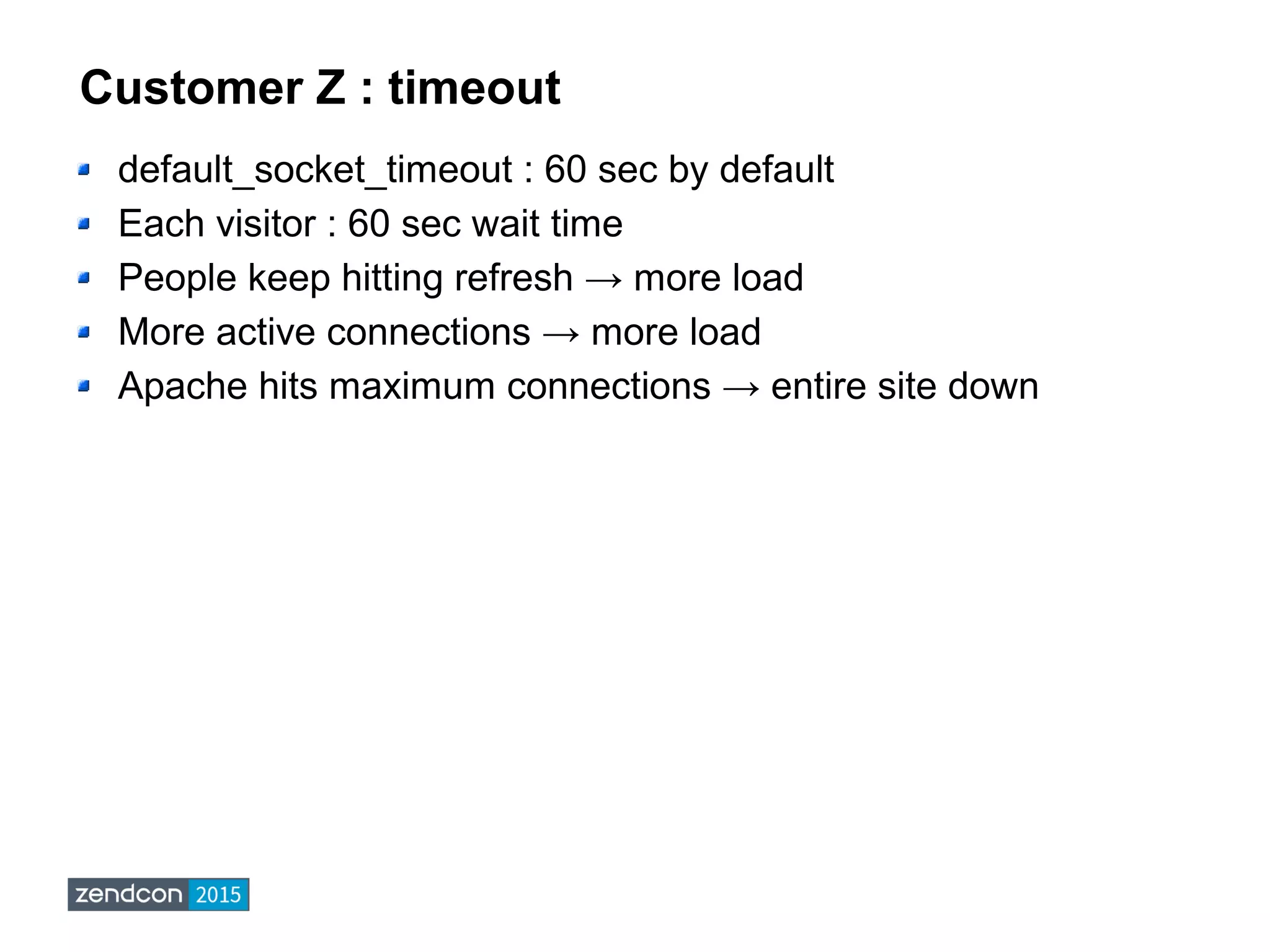 Customer Z : timeout
default_socket_timeout : 60 sec by default
Each visitor : 60 sec wait time
People keep hitting refresh → more load
More active connections → more load
Apache hits maximum connections → entire site down
 