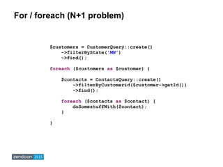 For / foreach (N+1 problem)
$customers = CustomerQuery::create()
->filterByState('MN')
->find();
foreach ($customers as $c...