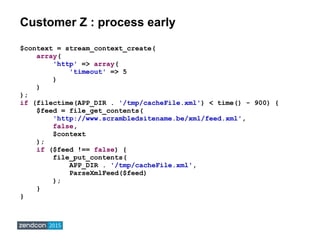 Customer Z : process early
$context = stream_context_create(
array(
'http' => array(
'timeout' => 5
)
)
);
if (filectime(A...