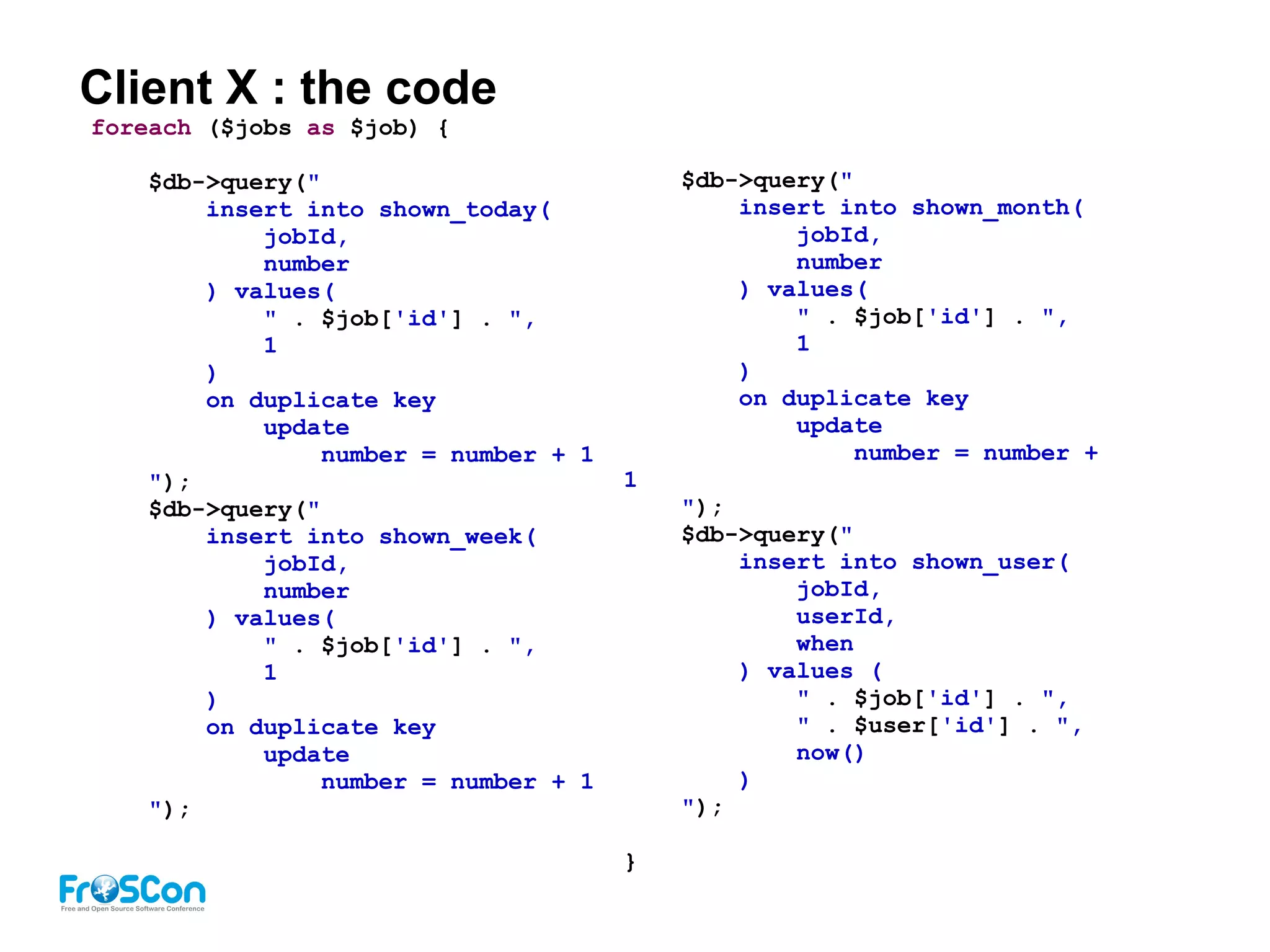 Client X : the code
foreach ($jobs as $job) {
$db->query("
insert into shown_today(
jobId,
number
) values(
" . $job['id'] . ",
1
)
on duplicate key
update
number = number + 1
");
$db->query("
insert into shown_week(
jobId,
number
) values(
" . $job['id'] . ",
1
)
on duplicate key
update
number = number + 1
");
$db->query("
insert into shown_month(
jobId,
number
) values(
" . $job['id'] . ",
1
)
on duplicate key
update
number = number +
1
");
$db->query("
insert into shown_user(
jobId,
userId,
when
) values (
" . $job['id'] . ",
" . $user['id'] . ",
now()
)
");
}
 