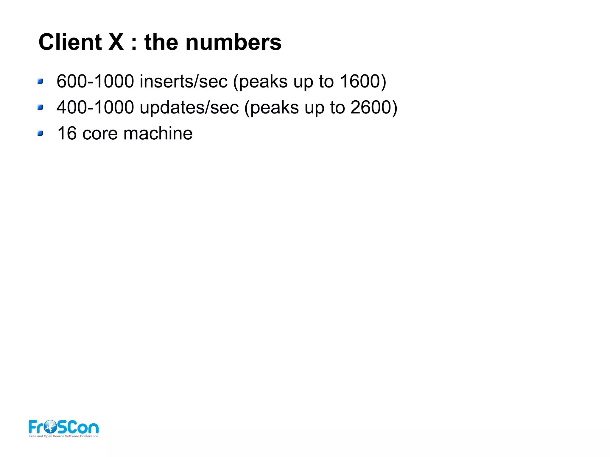 Client X : the numbers
600-1000 inserts/sec (peaks up to 1600)
400-1000 updates/sec (peaks up to 2600)
16 core machine
 