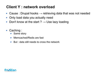 Client Y : network overload
Cause : Drupal hooks → retrieving data that was not needed
Only load data you actually need
Don't know at the start ? → Use lazy loading
Caching :
Same story
Memcached/Redis are fast
But : data still needs to cross the network
 