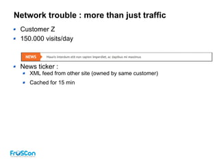 Network trouble : more than just traffic
Customer Z
150.000 visits/day
News ticker :
XML feed from other site (owned by same customer)
Cached for 15 min
 