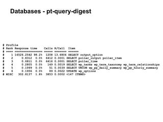 Databases - pt-query-digest
# Profile
# Rank Response time Calls R/Call Item
# ==== ================ ===== ======= ======
# 1 16526.2542 98.2% 1208 13.6806 SELECT output_option
# 2 0.8312 0.0% 6412 0.0001 SELECT poller_output poller_item
# 3 0.6811 0.0% 6416 0.0001 SELECT poller_time
# 4 0.2805 0.0% 149 0.0019 SELECT wp_terms wp_term_taxonomy wp_term_relationships
# 5 0.1999 0.0% 51 0.0039 SELECT UNION wp_pp_daily_summary wp_pp_hourly_summary
# 6 0.1956 0.0% 89 0.0022 UPDATE wp_options
# MISC 302.8137 1.8% 3853 0.0002 <147 ITEMS>
 
