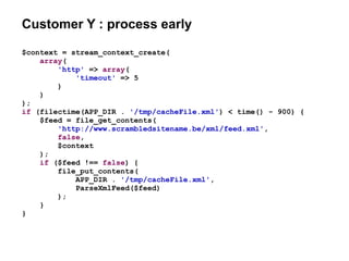 Customer Y : process early
$context = stream_context_create(
array(
'http' => array(
'timeout' => 5
)
)
);
if (filectime(APP_DIR . '/tmp/cacheFile.xml') < time() - 900) {
$feed = file_get_contents(
'http://www.scrambledsitename.be/xml/feed.xml',
false,
$context
);
if ($feed !== false) {
file_put_contents(
APP_DIR . '/tmp/cacheFile.xml',
ParseXmlFeed($feed)
);
}
}
 