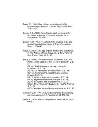 Bucci, W. (1985). Dual coding: a cognitive model for
psychoanalytic research. J. Amer. Psychoanal. Assn.,
33:571-607.
Couch, A. S. (1995). Anna Freud’s adult psychoanalytic
technique: a defense of classical analysis. Int. J.
Psychoanal., 76:153-171.
Eissler, K. R. (1953). The effect of the structure of the ego
on psychoanalytic technique. J. Amer. Psychoanal.
Assn., 1:104-143.
Freud, A. (1936). The ego and the mechanisms of defense.
In The Writings of Anna Freud, Vol. 2. New York: Int.
Univ. Press, 1966, pp. 1-191.
Freud, S. (1900). The Interpretation of Dreams. S. E., 4/5.
(1905). Three Essays on the Theory of Sexuality. S. E.,
7.
(1914a). On the history of the psycho-analytic
movement. S. E., 14.
(1914b) On narcissism: an introduction. S. E., 14.
(1914c). Remembering, repeating, and working-
through. S. E., 12.
(1915). Instincts and their vicissitudes. S. E., 14.
(1920). Beyond the Pleasure Principle. S. E., 18.
(1930). Civilization and Its Discontents. S. E., 21.
(1933). New Introductory Lectures on Psycho-Analysis.
S. E., 22.
(1937). Analysis terminable and interminable. S. E., 18.
Gabbard, G. O. (1995). Countertransference: the emerging
common ground. Int. J. Psychoanal., 76:475-485.
Gedo, J. (1979). Beyond Interpretation. New York: Int. Univ.
Press.
 