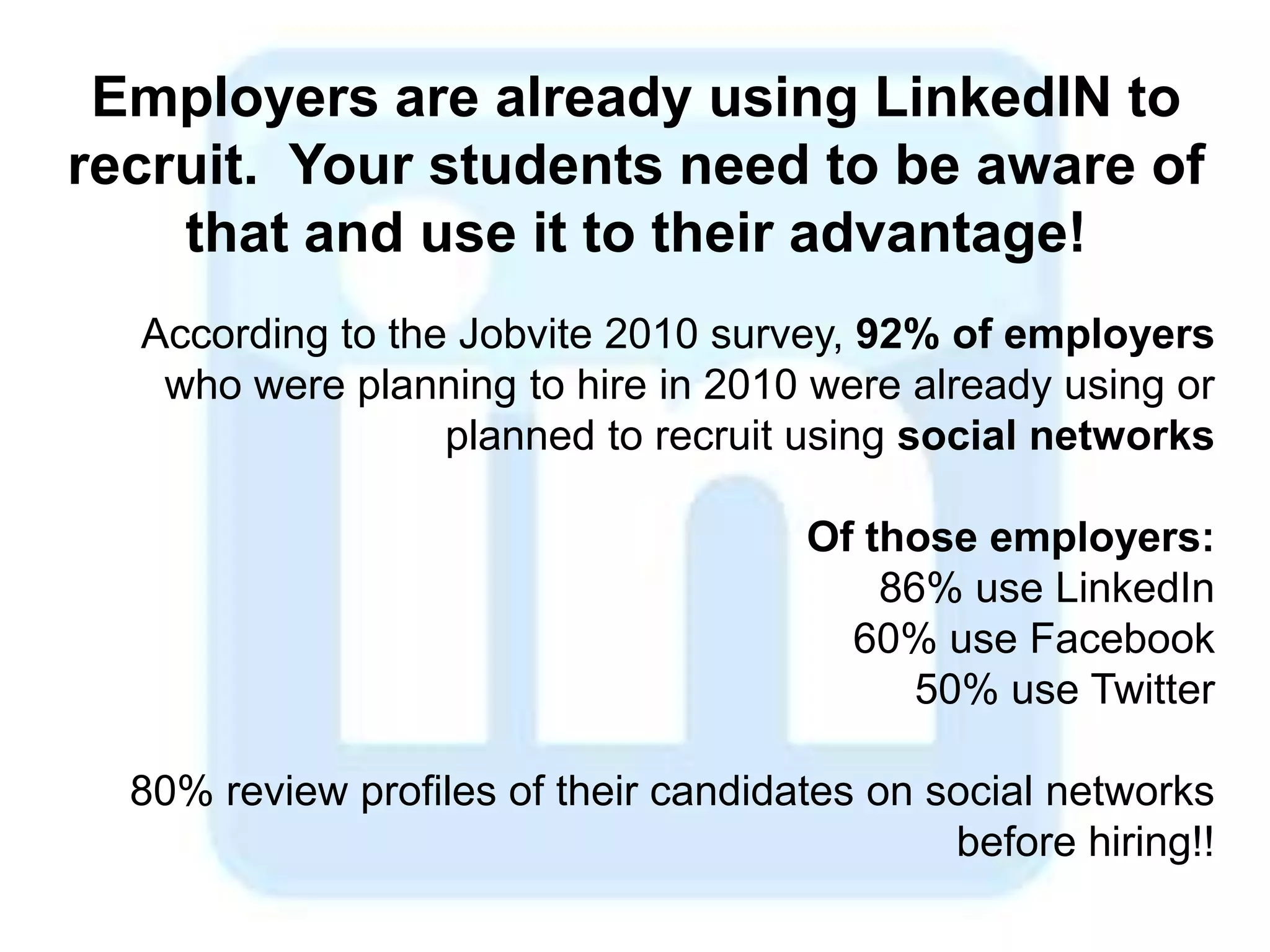 There are over 60 million registered users on LinkedIn with about 100,000 new users per week. 