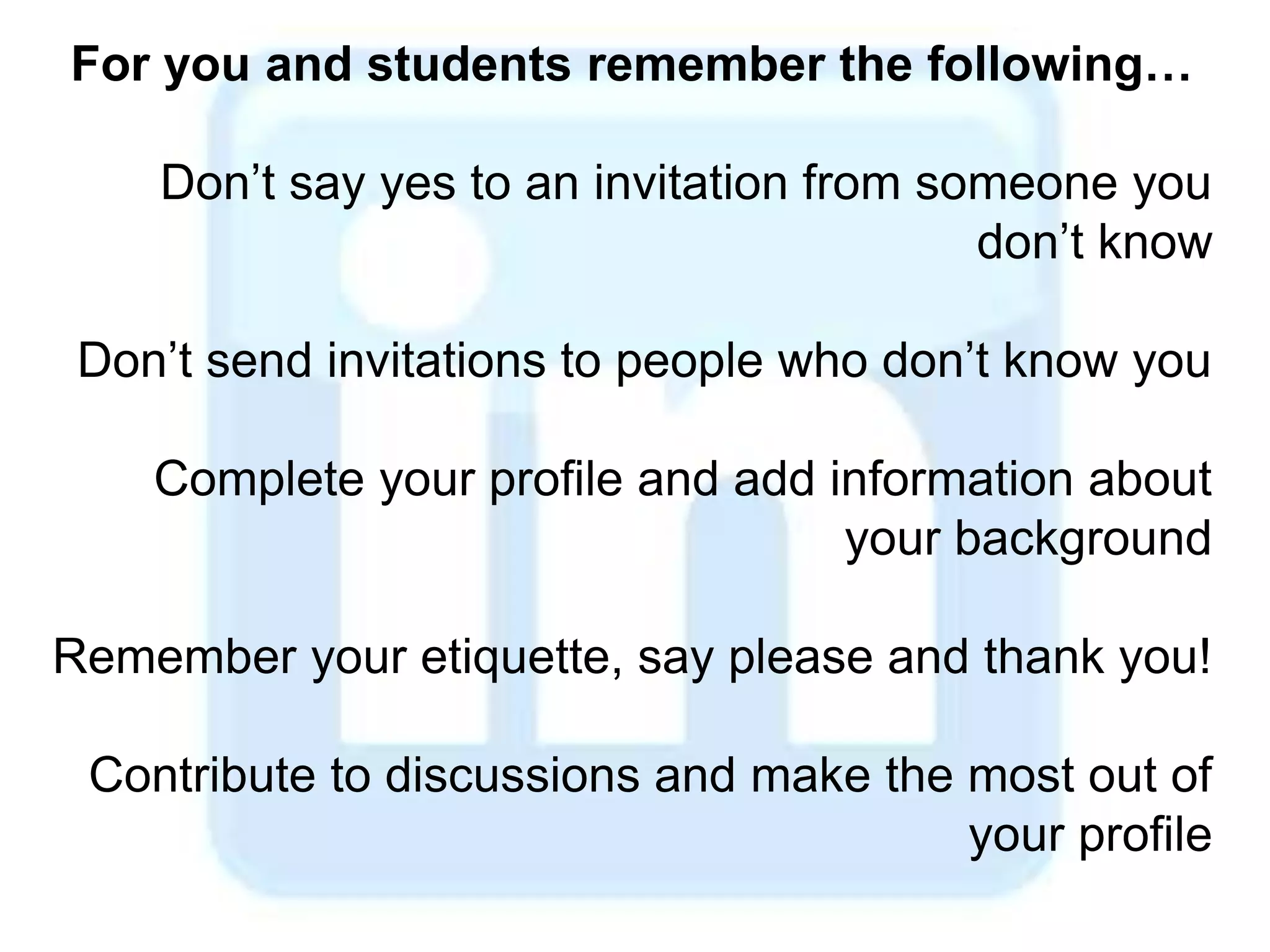  Think of LinkedIn as a professional Facebook. LinkedIn is a place to share interests, ask questions, and network with professionals from a wide range of job titles and industries. 