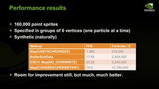 Performance results
160,000 point sprites
Specified in groups of 6 vertices (one particle at a time)
Synthetic (naturally)
Method

FPS

Particles / S

Map(UNSYNCHRONIZED)

1.369

219,040

BufferSubData

17.65

2,824,000

D3D11 Map(NO_OVERWRITE)

20.25

3,240,000

Map(COHERENT|PERSISTENT)

79.9

12,784,000

Room for improvement still, but much, much better.

 