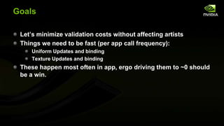 Goals
Let’s minimize validation costs without affecting artists
Things we need to be fast (per app call frequency):
Uniform Updates and binding
Texture Updates and binding

These happen most often in app, ergo driving them to ~0 should
be a win.

 
