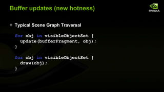 Buffer updates (new hotness)
Typical Scene Graph Traversal
for obj in visibleObjectSet {
update(bufferFragment, obj);
}
for obj in visibleObjectSet {
draw(obj);
}

 