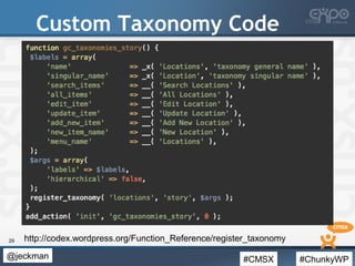 #CMSX #ChunkyWP@jeckman
Custom Taxonomy Code
29 http://codex.wordpress.org/Function_Reference/register_taxonomy
 