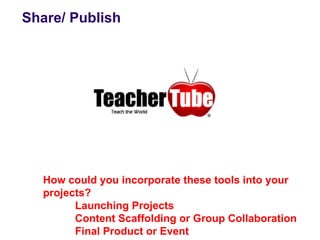 Share/ Publish




  How could you incorporate these tools into your
  projects?
        Launching Projects
        Content Scaffolding or Group Collaboration
        Final Product or Event
 