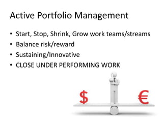 Active Portfolio Management
• Start, Stop, Shrink, Grow work teams/streams
• Balance risk/reward
• Sustaining/Innovative
• CLOSE UNDER PERFORMING WORK
 