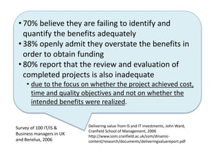 • 70% believe they are failing to identify and
quantify the benefits adequately
• 38% openly admit they overstate the benefits in
order to obtain funding
• 80% report that the review and evaluation of
completed projects is also inadequate
• due to the focus on whether the project achieved cost,
time and quality objectives and not on whether the
intended benefits were realized.
Delivering value from IS and IT investments, John Ward,
Cranfield School of Management, 2006
http://www.som.cranfield.ac.uk/som/dinamic-
content/research/documents/deliveringvaluereport.pdf
Survey of 100 IT/IS &
Business managers in UK
and Benelux, 2006
 