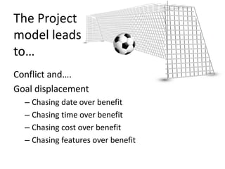 The Project 
model leads 
to… 
Conflict and…. 
Goal displacement 
– Chasing date over benefit 
– Chasing time over benefit 
– Chasing cost over benefit 
– Chasing features over benefit 
 