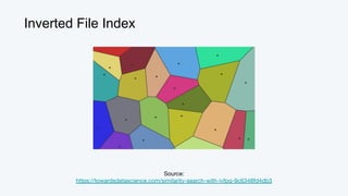 Inverted File Index
Source:
https://towardsdatascience.com/similarity-search-with-ivfpq-9c6348fd4db3
 