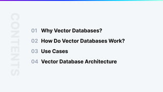 01 Why Vector Databases?
CONTENTS
03
04 Vector Database Architecture
02 How Do Vector Databases Work?
Use Cases
 