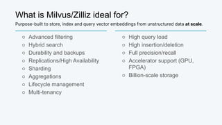 What is Milvus/Zilliz ideal for?
○ Advanced filtering
○ Hybrid search
○ Durability and backups
○ Replications/High Availability
○ Sharding
○ Aggregations
○ Lifecycle management
○ Multi-tenancy
○ High query load
○ High insertion/deletion
○ Full precision/recall
○ Accelerator support (GPU,
FPGA)
○ Billion-scale storage
Purpose-built to store, index and query vector embeddings from unstructured data at scale.
 