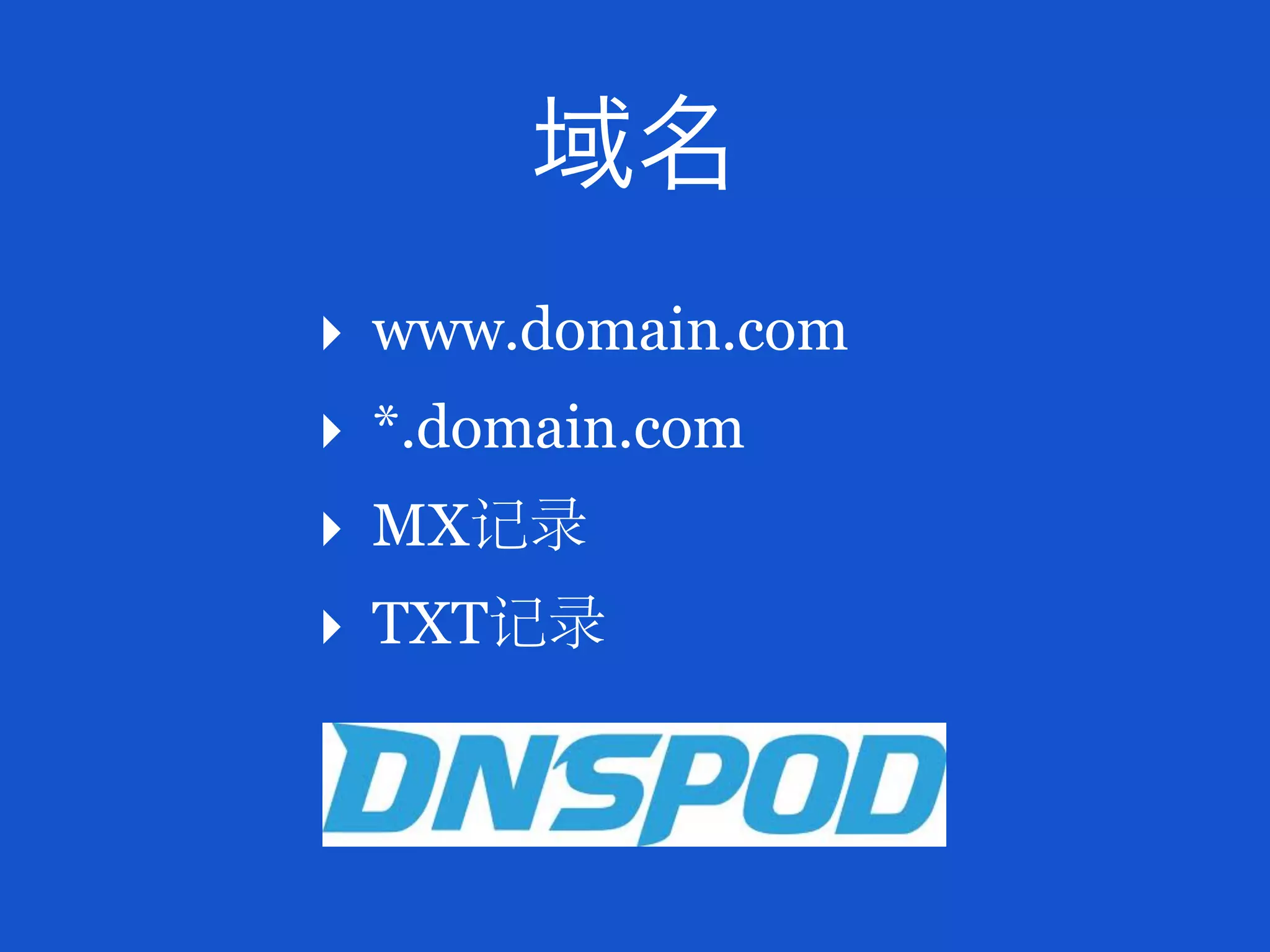 域名
‣   www.domain.com
‣   *.domain.com
‣   MX记录
‣   TXT记录
 