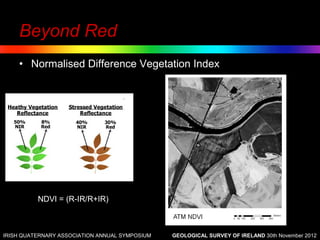 Beyond Red
    • Normalised Difference Vegetation Index




          NDVI = (R-IR/R+IR)



IRISH QUATERNARY ASSOCIATION ANNUAL SYMPOSIUM   GEOLOGICAL SURVEY OF IRELAND 30th November 2012
 