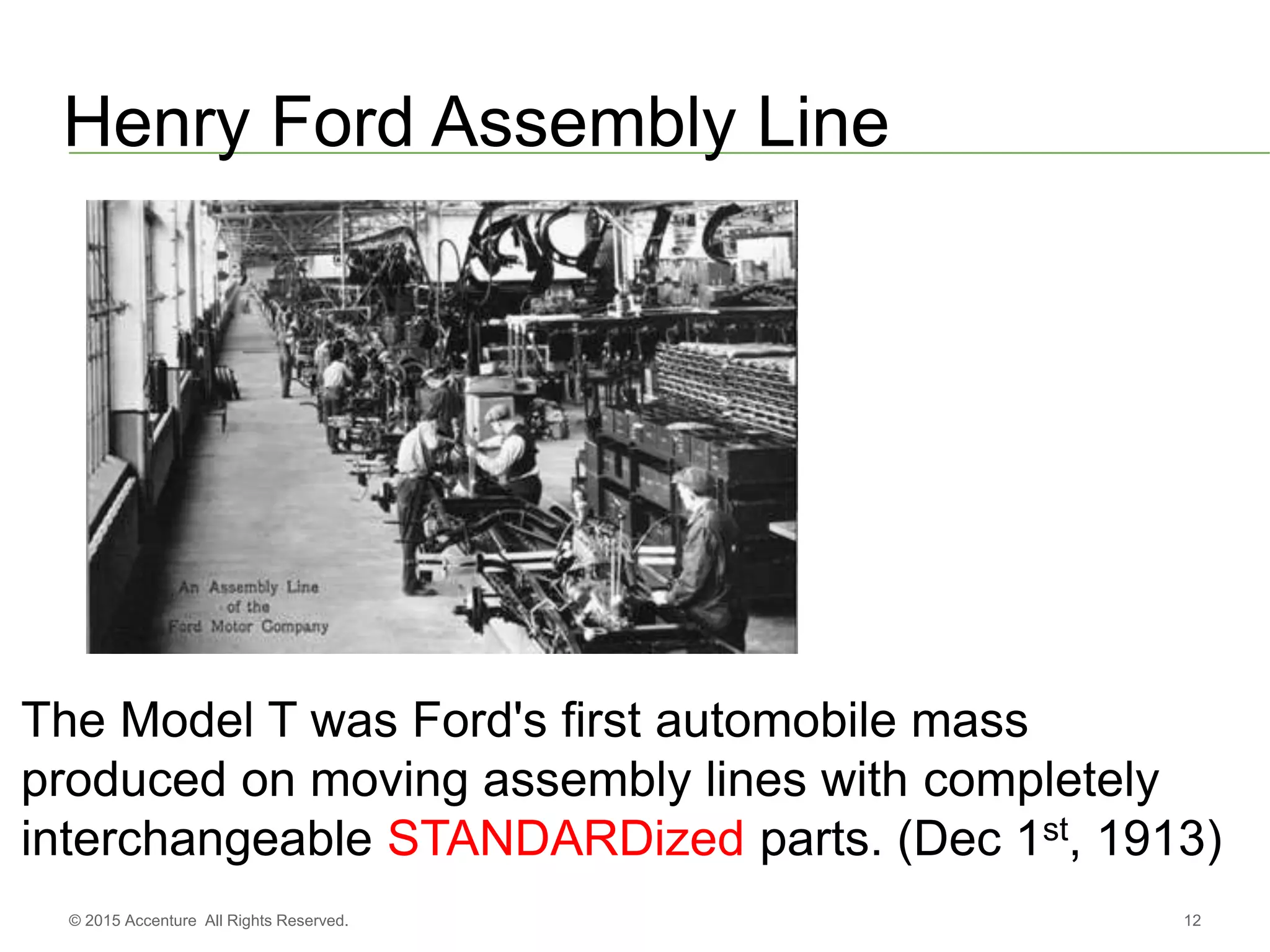 12© 2015 Accenture All Rights Reserved.
Henry Ford Assembly Line
The Model T was Ford's first automobile mass
produced on moving assembly lines with completely
interchangeable STANDARDized parts. (Dec 1st, 1913)
 