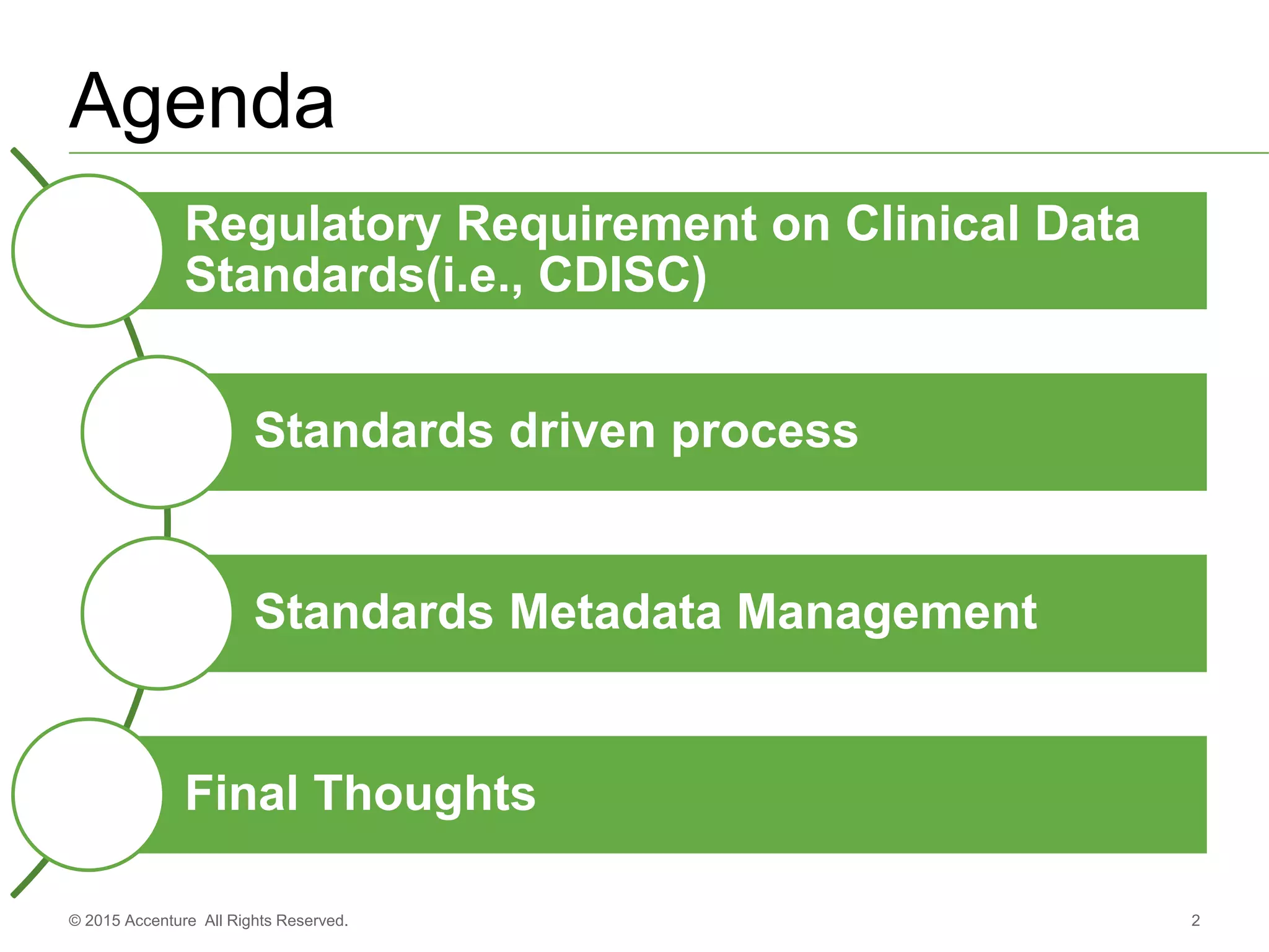 2© 2015 Accenture All Rights Reserved.
Agenda
Regulatory Requirement on Clinical Data
Standards(i.e., CDISC)
Standards driven process
Standards Metadata Management
Final Thoughts
 