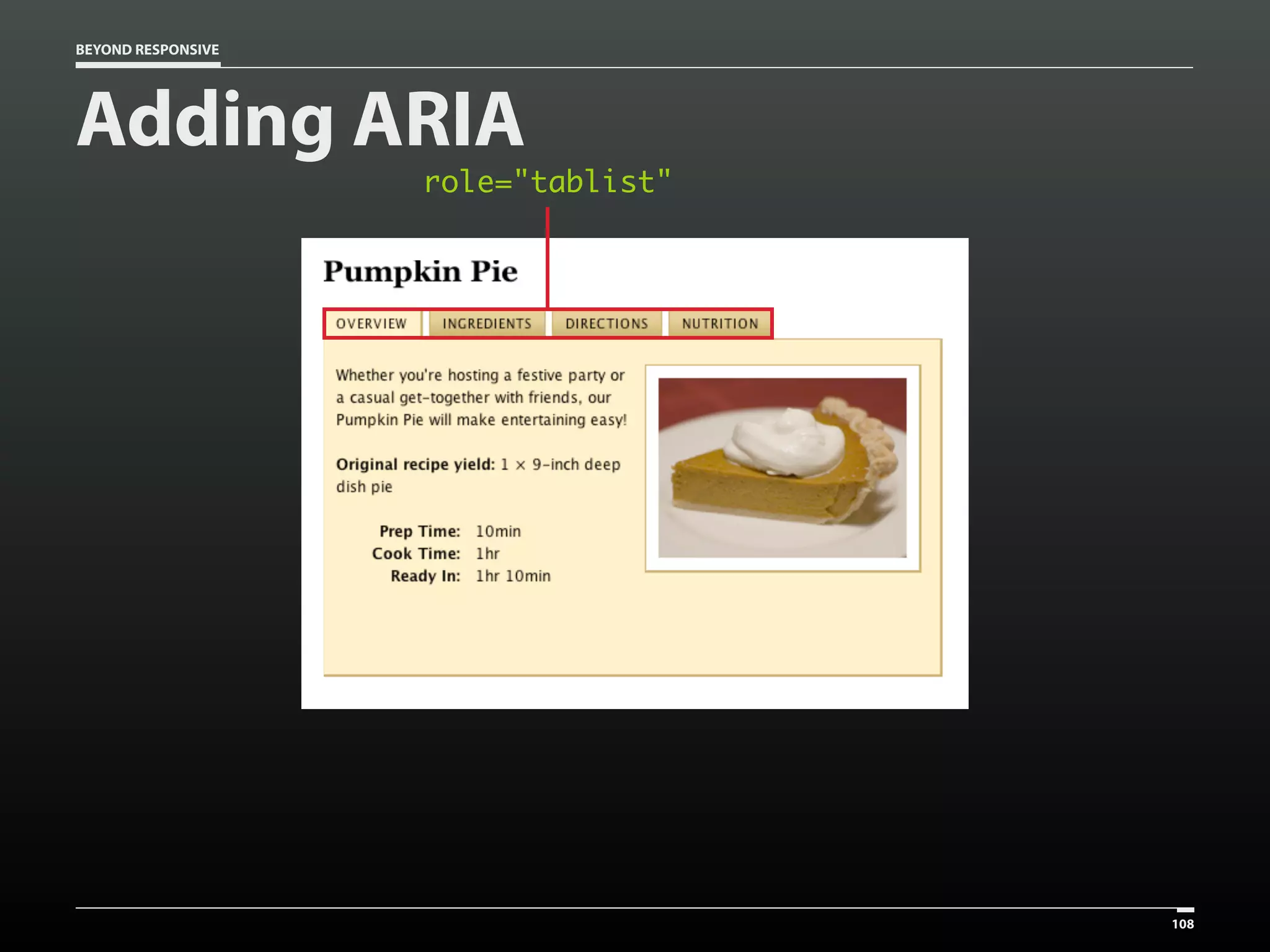 BEYOND RESPONSIVE
role="tablist"
108
Adding ARIA
 