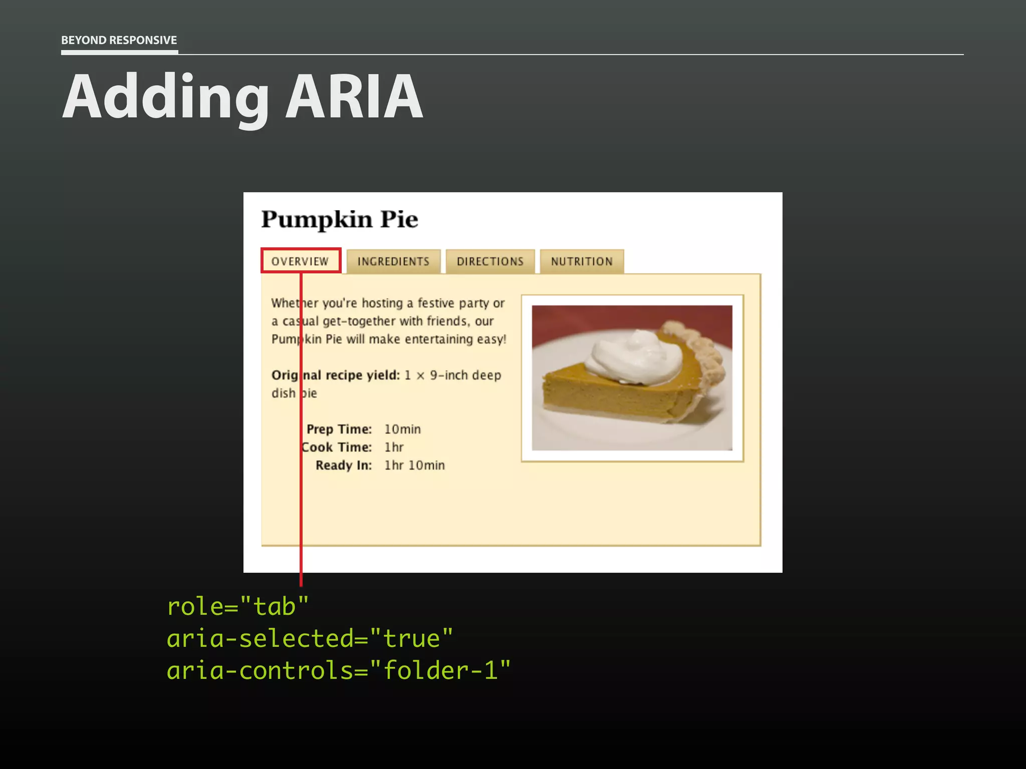 BEYOND RESPONSIVE
role="tab"
aria-selected="true"
aria-controls="folder-1"
Adding ARIA
 